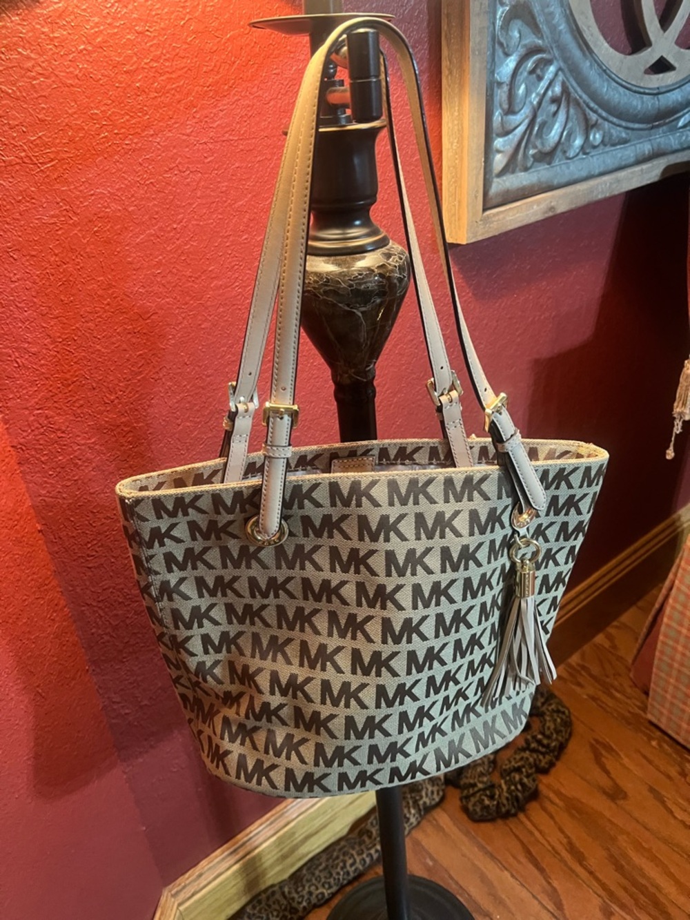 Michael Kors Brown/Beige MK Signature Shoulder Tote with Tassel